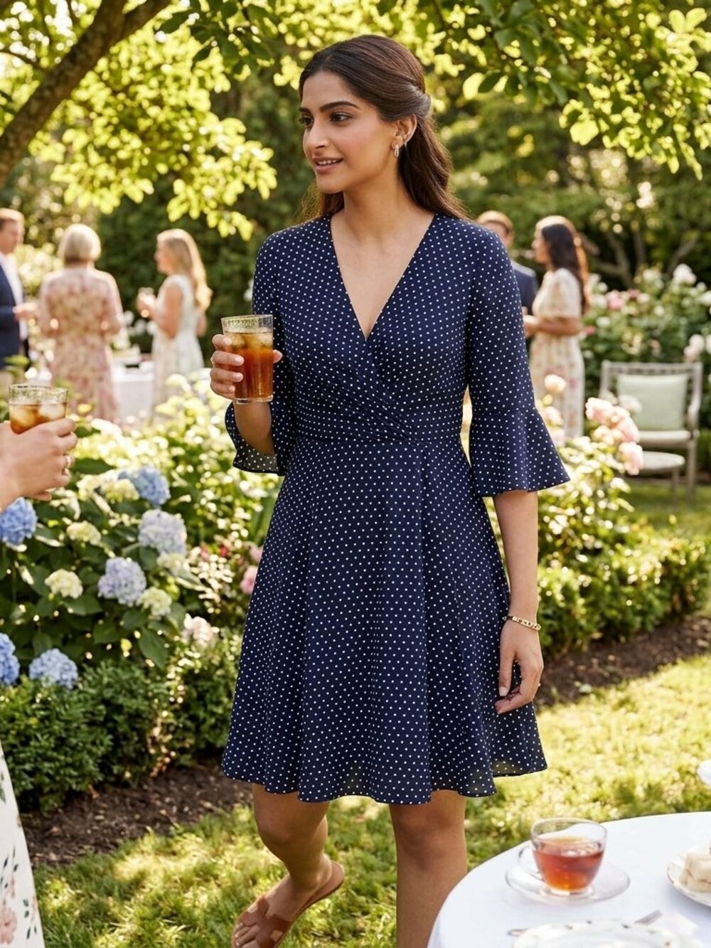Stelen Navy Blue Polka Dot Bell Sleeve V-Neck Dress Small S Need Supply Co